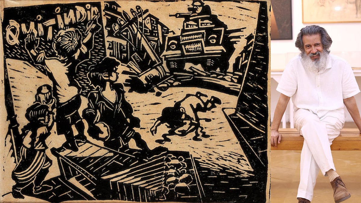 Tuli Research Centre for India Studies : (L-R) Chittaprosad's linocut showing the Quit India Movement, Neville Tuli