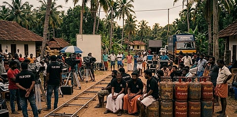 എൽപിജി സിലിണ്ടർ ക്ഷാമം മൂലം ഫിലിം ഷൂട്ടിങ് മുടങ്ങിയതിനെക്കുറിച്ചുള്ള പ്രതീകാത്മക ചിത്രം. എഐ ഉപയോ​ഗിച്ച് തയ്യാറാക്കിയത് 