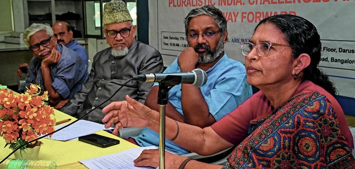 Social activist Shivasundar addresses the need to save 'pluralistic India' at a panel discussion in Bengaluru