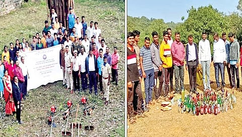 राधानगरी : हत्तीमहाल येथे स्वच्छता मोहीम राबविताना विद्यार्थी. दुसर्‍या छायाचित्रात दाजीपूर परिसरातील बॅकवॉटर येथे स्वच्छता मोहिमेदरम्यान जमा केलेल्या दारूच्या बाटल्यांचा खच.                                                                                 (छाया : अमोल पाटील व नंदू गुरव)