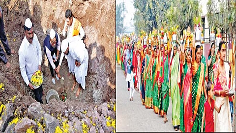 ढोणेवाडी : आत्मा मलिक ध्यानपीठ बांधकाम पायाभरणीप्रसंगी बसवप्रसाद जोल्ले व मान्यवर तर दुसर्‍या छायाचित्रात कलश मिरवणुकीत सहभागी महिला.