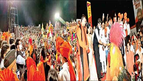 कुडाळ : शिमगोत्सवातील कलाविष्काराचे क्षण मोबाईलमध्ये टिपताना ना. आदित्य ठाकरे. दुसर्‍या छायाचित्रात कोंबडानृत्य साकारलेल्या सिद्धेश मालणकरचे पुष्पगुच्छ देऊन स्वागत करताना ना. आदित्य ठाकरे. सोबत खा. विनायक राऊत, पालकमंत्री उदय सामंत. 