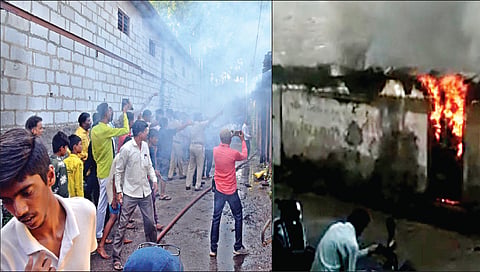 नाशिक : वावरे गल्लीजवळ लाकडी घरास लागलेली आग. दुसर्‍या छायाचित्रात आगीवर नियंत्रण मिळविताना अग्निशमन विभागाचे कर्मचारी.
(छायाचित्रे : हेमंत घोरपडे)