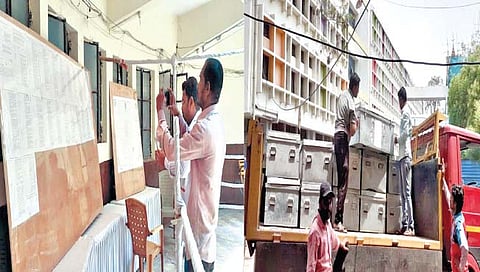 सोलापूर : मनपाची अंतिम प्रभागरचना प्रसिद्ध झाल्यावर ते मोबाईलमध्ये टिपताना कार्यकर्ते तर दुसर्‍या छायाचित्रात  ईव्हीएम मशिन तपासणीसाठी नेताना. 