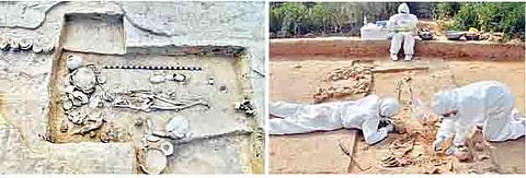 डेक्कन कॉलेजमधील पुरातत्त्व विभागाने राखीगढीत केलेल्या उत्खननात सापडलेला मानवी सांगाडा. दुसर्‍याछायाचित्रात राखीगढी उत्खननादरम्यान सापडलेल्या सांगाड्याचे डीएनए सॅम्पल घेणारे संशोधक.
