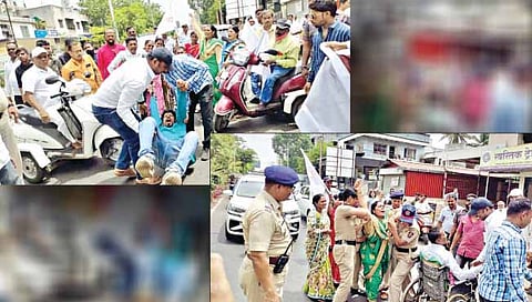कराड :  कोल्हापूर नाक्यावर रस्ता रोको करणार्‍या आंदोलकांना शहर पोलिसांनी ताब्यात घेतले. 