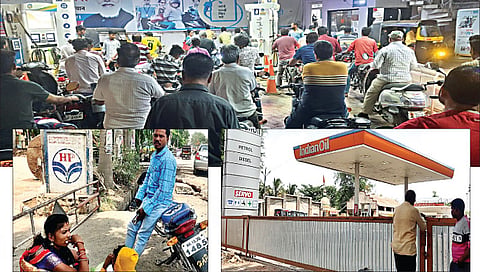 नाशिक : मालेगावला  पेट्रोलपंपचालकांच्या आंदोलनामुळे कमालीचा इंधन तुटवडा निर्माण झाला असून, जिथे पेट्रोल मिळेल तिथे अशी तौबा गर्दी होत आहे. तर सटाणा येथे दुचाकीतील पेट्रोलही संपले आणि पंपावर ते शिल्लक नाही, अशा बिकट प्रसंगी पंपाबाहेरच विचारात पडलेले एक कुटुंब. तसेच पेट्रोल केव्हा येणार, अशी विचारणा करणारा वाहनचालक.              (छाया: सुरेश बच्छाव/सुदर्शन पगार))