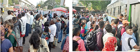 स्वारगेट चौकात रस्त्यावरच बसची वाट पाहत उभे राहिलेले प्रवासी.