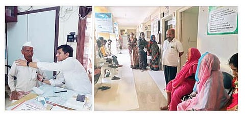 मोरगाव प्राथमिक आरोग्य केंद्रात विषाणूयुक्त आजारांच्या रुग्णांवर उपचार करताना डॉ. अनिल वाघमारे व डॉ. अभिनव पुरोहित, दुसर्‍या छायाचित्रात रुग्णालयात रुग्णांची रांग (छाया : अशोक वेदपाठक)