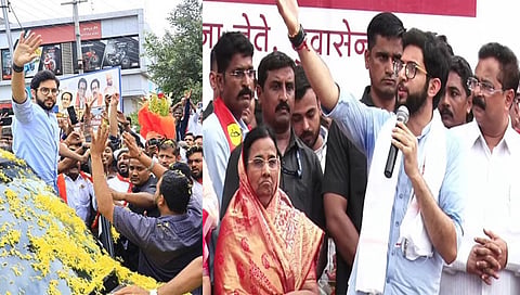 जळगाव : आदित्य ठाकरे यांचे जळगावला आगमन झाले असता स्वागत करताना शिवसैनिक. तसेच पाचोरा येथील मेळाव्यात उपस्थित कार्यकर्त्यांना संबोधित करताना आदित्य ठाकरे. (छाया: चेतन चौधरी)
