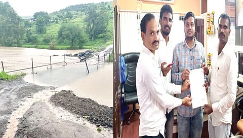 ठाणगाव : पुराचे पाणी पुलावरुन वाहत असल्याने वाहतुकीसाठी धोकादायक पूलाबाबत. नाशिकचे खासदार गोडसे यांच्या कार्यालयात निवेदन देताना रामदास भोर, योगेश शिंदे आदी. 