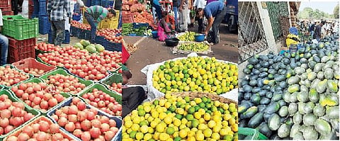 मार्केट यार्डमधील फळबाजारात विक्रीसाठी दाखल झालेले डाळिंब, लिंबू व कलिंगड. 
