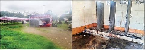 बनकर क्रीडांगणामध्ये वाढलेले गवत. दुसर्‍या छायाचित्रात नियमित स्वच्छतेअभावी स्वच्छतागृहात पसरलेली घाण.