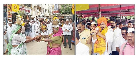 जामखेड : टाळ मृदंगाच्या गजरात पालखी सोहळ्यात फुगडी खेळताना महिला. दुसर्‍या छायाचित्रात पालखी घेतलेले आमदार रोहित पवार. (छाया : दीपक देवमाने)