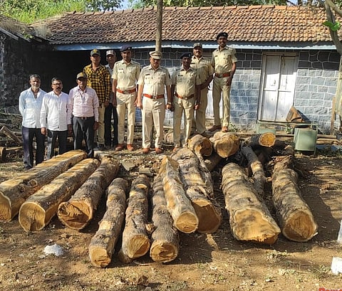 पेठ : येथील चिखली गावानजीक वनविभागाने जप्त केलेल्या सागवान लाकडासमवेत वनविभागाचे अधिकारी व कर्मचार. (छाया: राहुल पगारे) 