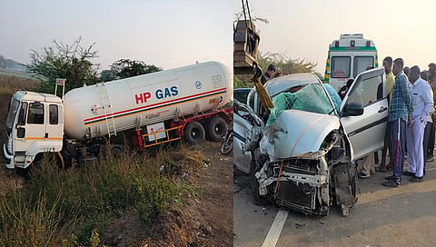 जळगाव : टॅंकरला धडकल्याने घडलेल्या अपघातात चकनाचूर झालेले चारचाकी स्विफ्ट वाहन. 