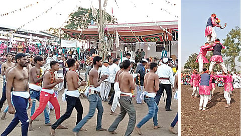 वणी : उत्सवात डोंगर्‍यादेवाचे गाणे म्हणत नाचताना ग्रामस्थ. तसेच मानवी मनोरा तयार करणारे आदिवासी बांधव. (छाया: अनिल गांगुर्डे)
