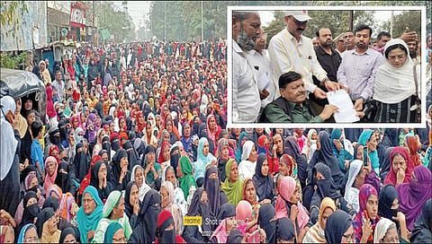 मालेगाव : केशरी शिधापत्रिका धारकांच्या समस्याप्रश्नी राष्ट्रवादी काँग्रेसने काढलेल्या मोर्चात सहभागी झालेल्या महिला. दुसर्‍या छायाचित्रात प्रशासनाला निवेदन सादर करताना माजी महापौर ताहेरा शेख, शेख रशीद, माजी आमदार आसिफ शेख आदी.