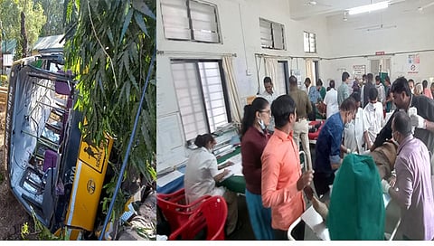 त्र्यंबकेश्वर : येथे मिनी बस पलटी झाल्याने रुग्णालयात जखमींवर उपचार करण्यात येत आहे. 