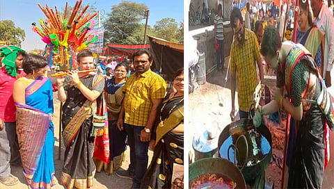 नगरसूल : खंडोबा महाराज यात्रोत्सवात  जेनिना कॅक सोबत श्र्वेता पैठणकर, नेते सुनिल पैठणकर , उज्वला पैठणकर तर दुस-या छायाचित्रात बासरी वाजवितांना जेनिना. (छाया: भाऊलाल कुडके )