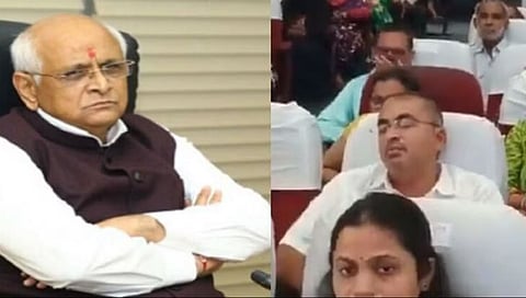 गुजरातचे मुख्‍यमंत्री भूपेंद्र पटेल. दुसर्‍या छायाचित्रात सभेवेळी झोपी गेलेले नगर पालिका अधिकारी जिगर पटेल.