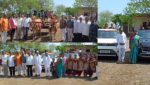 विद्यार्थिनींचे ढोल ताशाच्या गजरात बैलगाडी, कार, बुलेटवर मिरवणूक काढत शाळेत स्‍वागत