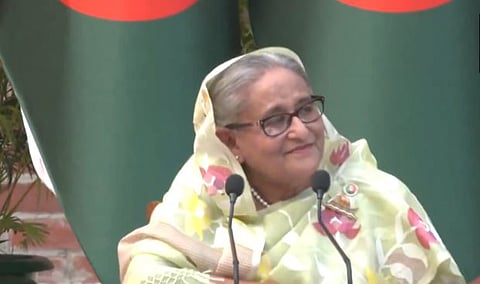 पत्रकार परिषदेत बोलताना पंतप्रधान शेख हसीना. 
