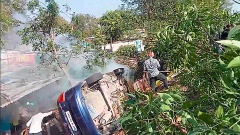 A speeding car crashed into a house; it suddenly caught fire after the accident
