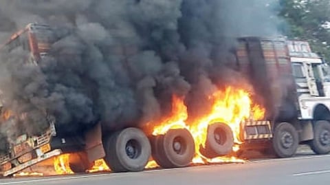 Highway accident truck blaze