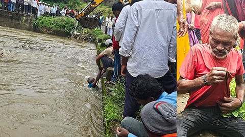 कुमंडला नदीच्या पुलावरील नळीत अडकलेल्या व्यक्तीसाठी नदीपात्रातील गाळ आणि राडारोडा काढताना जेसीबी यंत्रणा. (छाया : तुषार मोढवे)