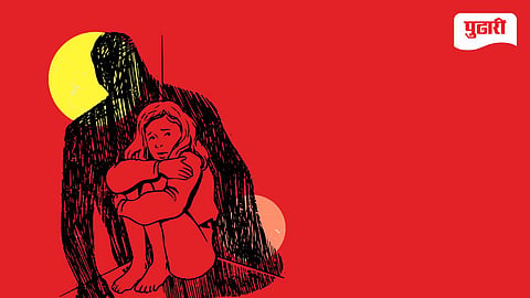 Illustration of a child sitting with knees pulled close, with a dark shadow figure behind them on a red background.