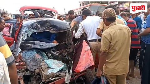 भरणे नाक्यावर भीषण अपघात : भरधाव कारची आराम बसला धडक; ५ जण गंभीर जखमी