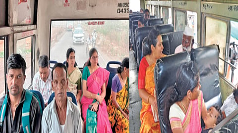 कोल्हापूर ः इंधन बचतीसाठी जनता गाडीतून प्रवास करताना शिक्षण सभापती शीतल यादव आणि शिक्षणाधिकारी मीना शेंडकर. दुसर्‍या छायाचित्रात जनता गाडीतील प्रवाशांसोबत चर्चा करताना जि.प. अध्यक्षा शिल्पा खोत.	