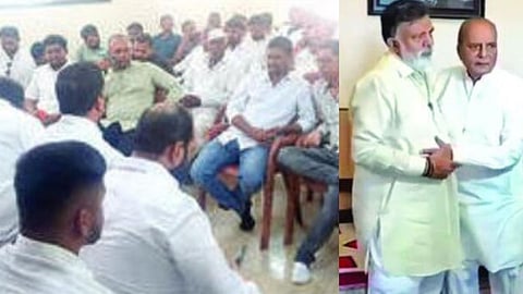 सिन्नर : येथील निवासस्थानी पोहोचल्यानंतर वडील प्रकाशभाऊ वाजे यांची भेट घेताना खासदार राजाभाऊ वाजे.