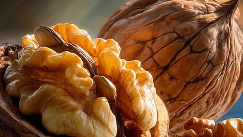 A bowl of fresh walnuts on a wooden table, representing health benefits of eating walnuts superfood.