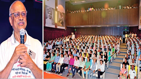 कोल्हापूर : दै. 'पुढारी' आणि डॉ. डी. वाय. पाटील हॉस्पिटलतर्फे ‘डॉक्टर डे’निमित्त आयोजित ‘दीर्घ आरोग्याची गुरुकिल्ली’ या विषयावरील व्याख्यानात बोलताना डॉ. हेमंत जोशी. दुसऱ्या छायाचित्रात व्याख्यानाला झालेली गर्दी. 