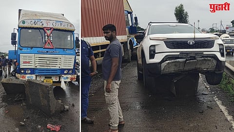 पुलाची शिरोली येथील महाडिक पेट्रोल पंपसमोर झालेल्या  विचित्र अपघातात कार डिव्हाडरवर जाऊन अडकली  