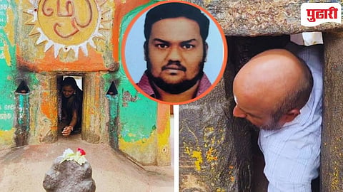 मंदिरातील अरुंद मोक्ष मार्ग इनसेटमध्ये मृत्‍यू झालेला भाविक डी मणिकुमार