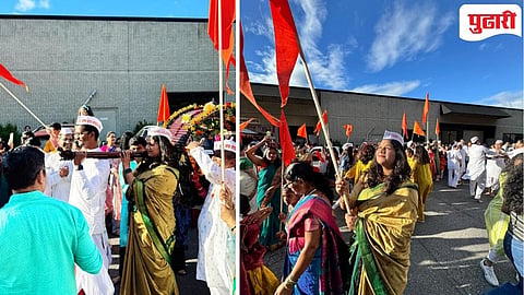 सीएटल  येथे पालखी वाहताना सौरभ आणि ऐश्वर्या चौगले   व आषाढी निमित्त दिंडी सोहळ्यात तल्लीन झालेली अमेरिकेतील मऱ्हाटमोळी मंडळी 

