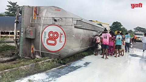 Mumbai Ahmedabad Highway Amul Milk Tanker Overturns
