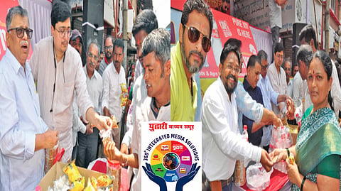 कोल्हापूर : १)  डॉ. प्रवीण हेंद्रे आणि डॉ. ओंकार हेंद्रे यांच्या हस्ते चिक्की वाटप झाले. २) भाविकांना चिक्की वाटप करताना अग्रवाल वन ग्रॅम गोल्ड ज्वेलरीचे सुशील अग्रवाल. 	