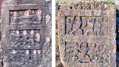 नाधवडे येथील जोतिबा, मरीआई मंदिर परिसरात सापडलेले दोन दुर्मीळ गोरक्ष वीरगळ.