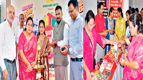 कोल्हापूर : ‘दै. पुढारी दसरा-दिवाळी शॉपिंग फेस्टिव्हल’चे उद्‌घाटन करताना जिल्हा परिषद अध्यक्षा शिल्पा खोत. यावेळी उपस्थित प्रायोजक ‘इनवेड ॲग्रो’चे विशाल जमदाडे, करिष्मा देशपांडे, ‘पुढारी’चे सहायक समूह सरव्यवस्थापक अमित डिक्कर, ‘पुढारी’चे कार्यकारी संपादक विजय जाधव आदी. दुसऱ्या छायाचित्रात खरेदीचा आनंद घेताना जि.प. अध्यक्षा शिल्पा खोत.  	