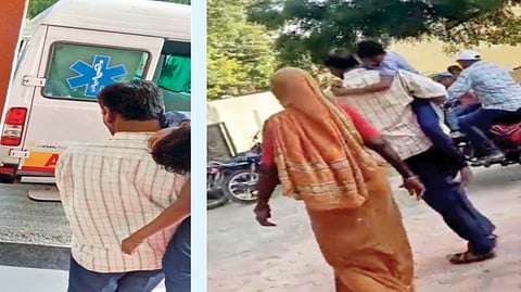 आपल्‍या ११वर्षीय मुलीला खांद्यावर घेत दुसर्‍या रुग्णालयाकडे निघालेले वडील, मुलीची आजी.

