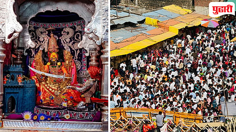 सप्तमीला तुळजाभवानी मंदिरात साकारण्यात आलेला छत्रपती शिवाजी महाराजांना भवानी तलवार प्रदान केल्याचा ऐतिहासिक देखावा. तर भाविकांची झालेली गर्दी
