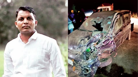 वाटरे : अपघातात चक्काचूर झालेली कार.