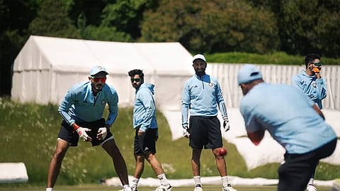 Cricketers Axar Patel (L), Shardul Thakur (2L), Cheteshwar Pujara (C) 