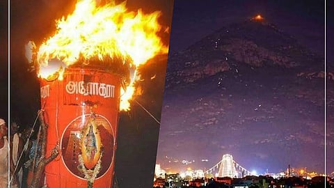 திருவண்ணாமலையில் உள்ள 2,668 அடி உயர மலை உச்சியில் மகாதீபம் ஏற்றப்பட்டது
 