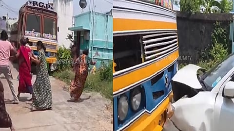 லாரியை கொண்டு காரில் மோதிய நபர்