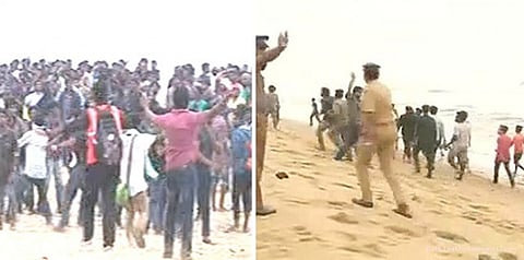 மெரினாவில் காவலர்கள் மீது மணல், செருப்பு வீச்சு